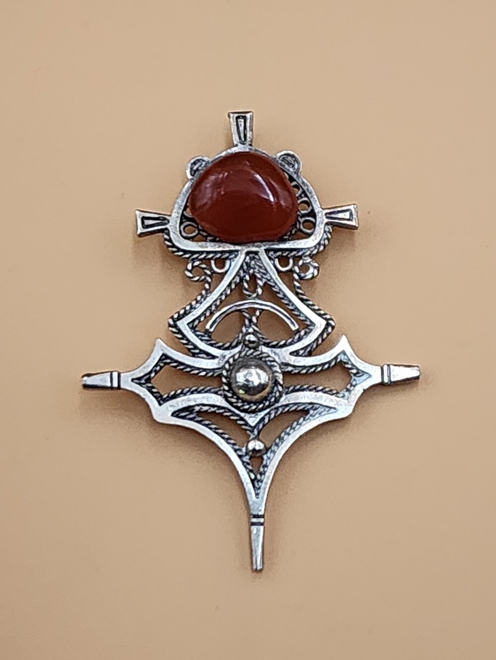 Folk Art North African Ornate Design Symbol Large Cross Carnelian Stone Pendant
